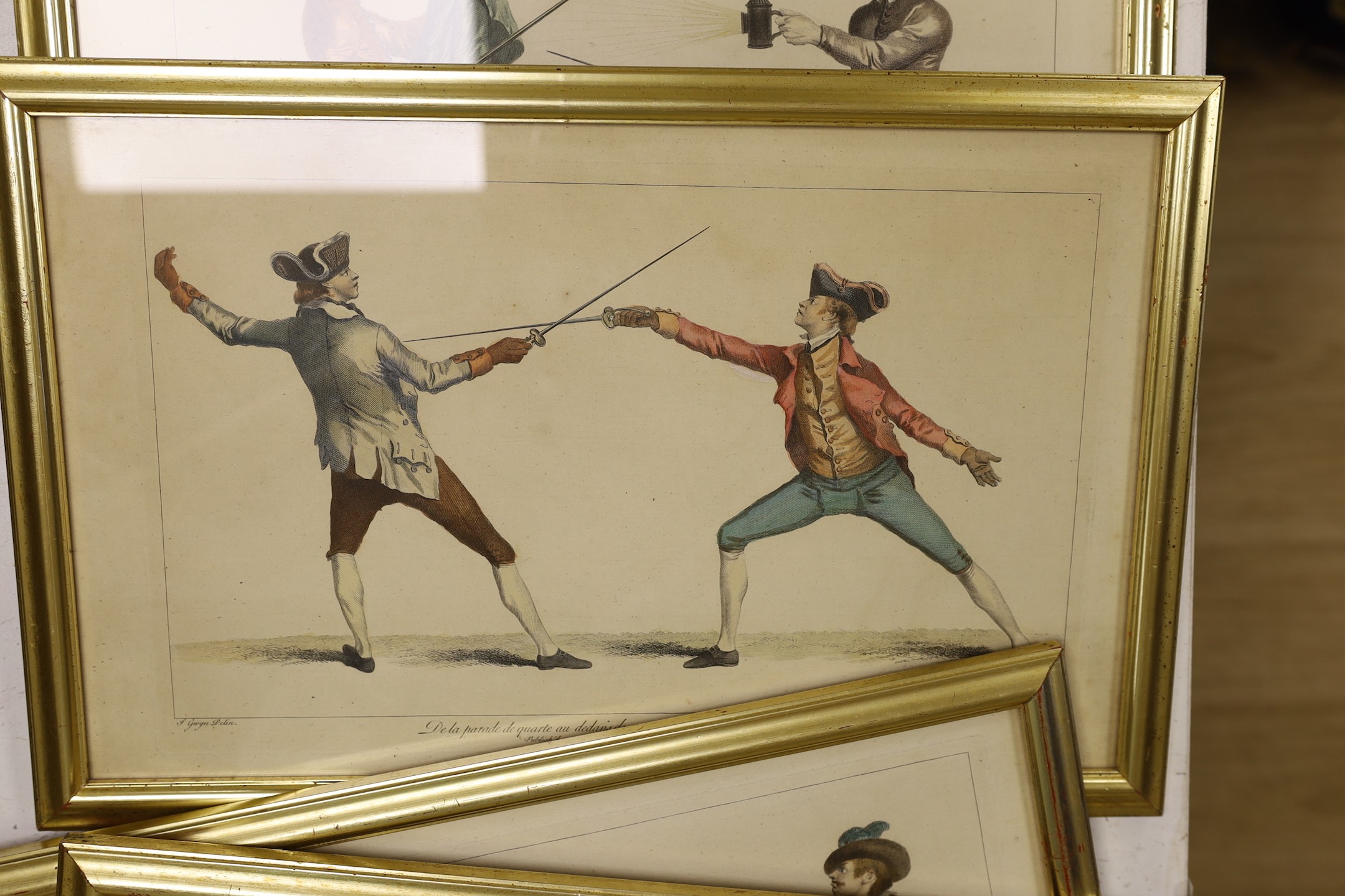 James Gwyn, Six 18th century hand coloured engravings of fencing, publ. 1763, 28 x 44cm